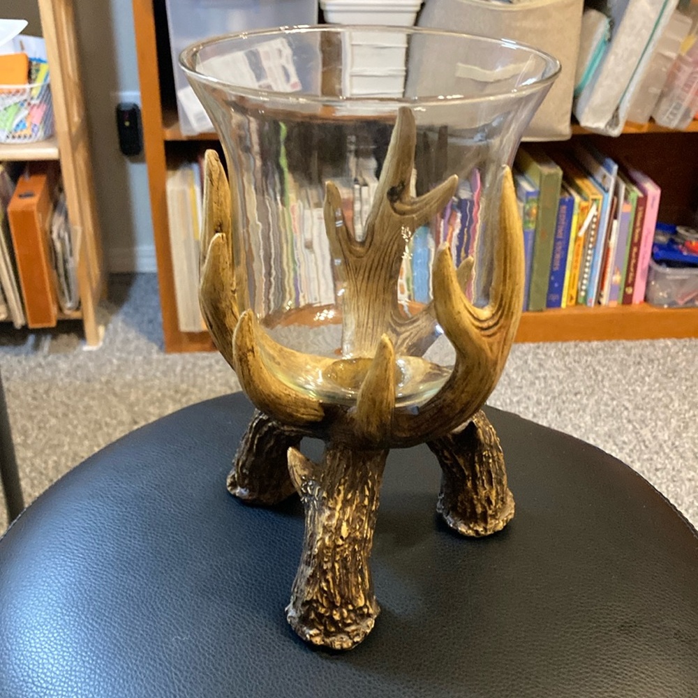 Unique candle holder, glass and poly resin antlers